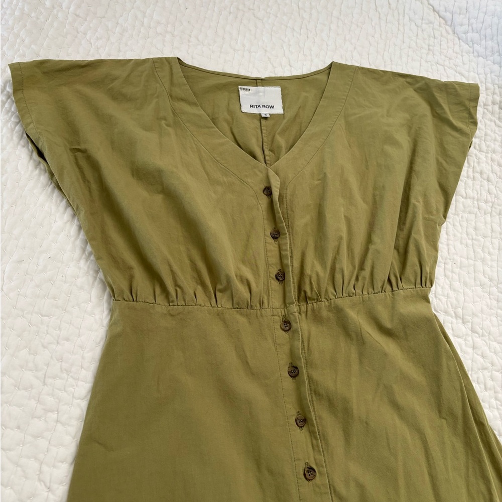 Green Buttoned Midi Sundress with Dolman Cap Sleeves